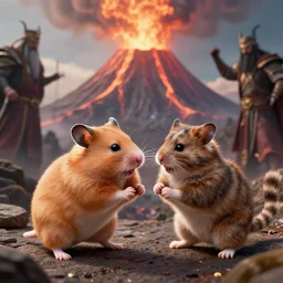 hamster fights a cat in mortal kombat on the background of volcano with shao khan cheering. fantasy magic style. highly detailed 8 k. intricate. lifelike. soft light. sony a 7 r iv 5 5 mm. [ cinematic post - processing ].