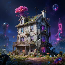a beautiful detailed render of house building by banksy, cgsociety apocalyptic nightsky flowers gem uv light nature landscape neon signs cosmic steampunk atlantis, archdaily, wallpaper, highly detailed, trending on artstation.