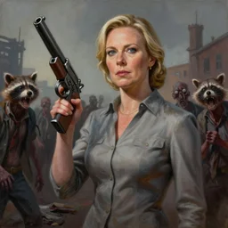 painting of liz truss with a gun in racoon city full of zombies, hd, 4 k, 8 k artstation,