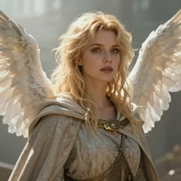 Portrait of a beautiful Morena Baccarin, blonde shaggy hair, cloak, ethereal wings, fantasy, extremely detailed, digital painting, artstation, concept art, smooth, sharp focus, illustration, stunning lighting, art by artgerm and greg rutkowski and alphonse mucha and simon stalenhag, realistic character concept, high fantasy, light atmosphere, golden ratio, cinematic lighting, hyperdetailed, high resolution, insanely detailed and intricate, artstation, Marc Simonetti, Greg Rutkowski, 8k