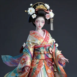 wide angle full body portrait shot of a beautiful japanese princess wearing ornaments of flowers, flowing colourful elegant clothes, highly detailed face, detailed iridescent eyes, alphonse white datura, rhads, ross tran, artstation, fkey, octane render, 1 6 k
