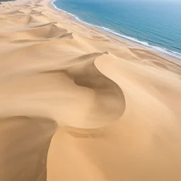 sand dunes meeting the ocean, gorgeous, high detail, perfect lighting, aerial shot