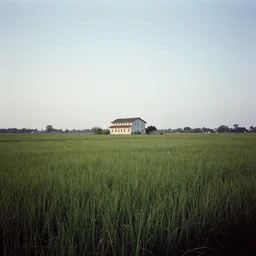 A serene landscape with a singular building in the style of Lomography