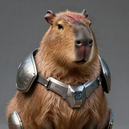 portrait of an anthropomorphic capybara with a bored face and futuristic armor