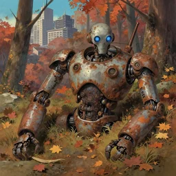 rusty dieselpunk robot dead in an autumn forest city, trending on pixiv fanbox, painted by greg rutkowski makoto shinkai takashi takeuchi studio ghibli, aki