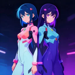 two anime girls in neon suits standing back-to-back, trending on pixiv