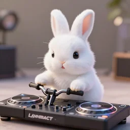 super cute fluffy white bunny rabbit on a motorcycle DJing with DJ turntables, photoreal