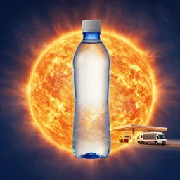 water bottle advertisement on the surface of the sun, truck stop on the sun