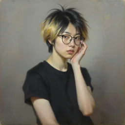 portrait of a korean trans girl with very short hair that is black at the roots and blonde at the tips, bedhead, wearing glasses, wearing a black t-shirt, oil on canvas, elegant pose, masterpiece, Jonathan Yeo painting