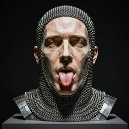 enormous geometric accurate sculpture of james taylor sticking out his tongue, beautiful symmetrical!! face accurate face detailed face realistic proportions, made of chain mail and plate armor on a pedestal by ron mueck and frank frazzetta, cinematic lighting shocking detail 8 k