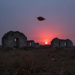 leaves blow in the wind. a red glow rises from some ruins nearby.