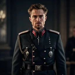 fullbody portrait of robert pattinson as ss standartenfuhrer, dramatic cinematic noir, no headdress, no weapons, uncovered head, volumetric lighting, bokeh, detailed, 8 k