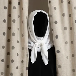 headless male character, surrealist, linen curtain, 8k, polka dots, white head scarf, 16th century, high resolution