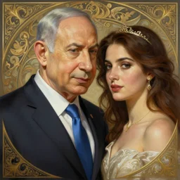 beautiful benjamin netanyahu and sara netanyahu, closeup, d & d, fantasy, intricate, elegant, highly detailed, digital painting, artstation, concept art, matte, sharp focus, illustration, art by artgerm and greg rutkowski and alphonse mucha