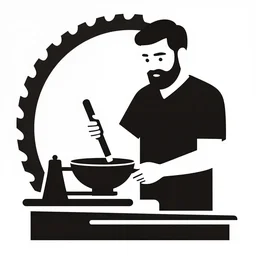 bearded man turning bowl lathe, machinery, sawblade border, vector art, simple, clean, monochromatic, woodturning