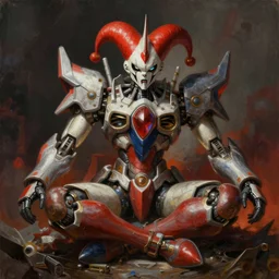 hi - tech version of demon seated by vrubel. gundam mecha jester, highly detailed fantasy science fiction painting. rich colors, high contrast. artstation