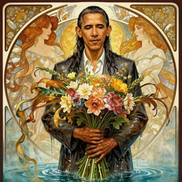 portrait of a beautiful barack obama holding a bouquet of flowing flowers, drenched clothing, wet dripping long hair, hands hidden under the bouquet, emerging from the water, fantasy, regal, intricate, by stanley artgerm lau, greg rutkowski, thomas kinkade, alphonse mucha, loish, norman rockwell