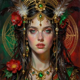 hyper realistic portrait painting of magdalena ( intrincate detail, golden ornaments, feathers ) wet, flowers, by saturno butto, boris vallejo, austin osman spare and david kassan, by bussiere. occult art, occult diagram, red and green color scheme.