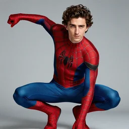 Timothee Chalamet wearing redesigned spiderman suit, +++ super super super dynamic posing, j.c. leyendecker, Valentina Remenar, thick eyebrows, super serious facial expression, upscaled