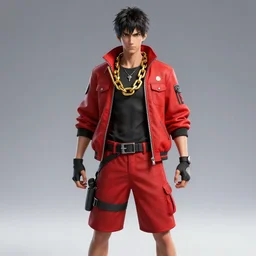 wide boy in a red jacket and red board shorts, wearing a large gold chain | | audrey plaza, warframe armor, fine detail!! anime!! realistic shaded lighting!! poster by ilya kuvshinov katsuhiro otomo ghost - in - the - shell, magali villeneuve, artgerm, jeremy lipkin and michael garmash and rob rey