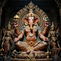 blood temple, hindu ornaments, baphomet statue at the center surrounded by angel statues, movie film still, highly detailed, symmetry, award - winning photography, 1 2 0 mm