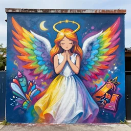 rainbow angel as graffiti mural by lee, masterpiece, trending on artstation