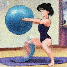 a woman wearing a leotard using an exercise ball, 90s' anime training tape aesthetic.
