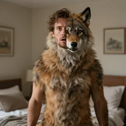 a white man with brown hair is halfway transformed into a furry female werewolf, and has female werewolf features, standing in a bedroom looking shocked at his transformation. photorealistic lighting art style detailed drawing, zoomed out unblurred face, photorealistic light.