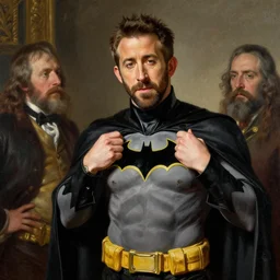 ryan reynolds ( ( ( ( ( ( beard ) ) ) ) ) ), ( ( ( ( facial hair ) ) ) ), putting on a batman costume, painting by gaston bussiere, craig mullins, j. c. leyendecker