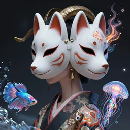 3 d goddess close - up profile solarpunk portrait ram skull. beautiful intricately detailed japanese crow kitsune mask and clasical japanese kimono. betta fish, jellyfish phoenix, fractal flame, holographic, bio luminescent, plasma, ice, water, wind, creature, artwork by tooth wu and wlop and beeple and greg rutkowski