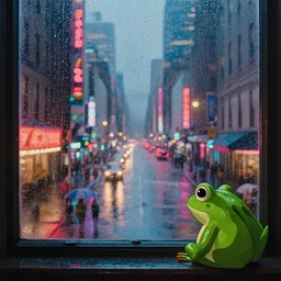 a ultra photorealistic and sharp film still trough a raincovered window on a rainy but colourful day in new york. sparkling lights, people with umbrellas standing in the street, wide shot, frog perspective, wes anderson, studio ghibli, pixar and disney animation, octane render, anime key art by greg rutkowski, dramatic lighting, award winning photography