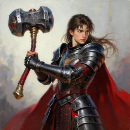 Heroic teenager knight, wielding a giant ornamental hammer, black and red armor, plate, long hair, young, male, justice, high fantasy, main character, love, acrylic painting, trending in artstation, artstationHD, artstationHQ, cgsociety