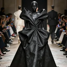 extremely beautiful female statue carved from black stone wearing avant garde huge distorted comme de garcon haute couture gown in the style of rei kawakubo, couture, avant garde, matthew williams, givenchy, balenciaga, yohji yamamoto, japanese avant garde fashion, fashion, paris, runway, collection, beautifully lit, glossy, hd, 4 k, 8 k, extremely clear focus, sharp, award winning fashion photograph