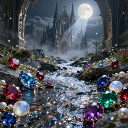 The sparkling creek is full of jewels and glitters in the moonlight, ruby, sapphire, celestine, moonstone, amethyst, garnet, emerald, pearl, concept art, fantasy, gothic cathedral, light through the mist, dramatic lighting, photorealistic, cinematic lighting, high detail, cinematic feel, high octane, 4K, Unreal Engine, digital render, intricate, ultra realistic, crepuscular ray, low angle, superwide shot, lunapunk