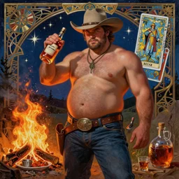 a dramatic, epic, ethereal painting of a handsome thicc mischievous shirtless cowboy with a beer belly wearing a large belt and cowboy hat holding a whiskey bottle | background is a late night campfire with food and jugs of whisky | homoerotic | fire, flames, stars, tarot card, art deco, art nouveau, mosaic, intricate | by Mark Maggiori | trending on artstation