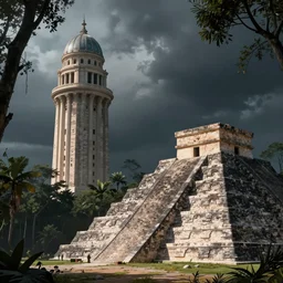 a neoclassical tower with dome on a magical gloomy mystical forest, next to a beatiful aztec pyramid. by frank lloyd wright, wlop, futuristic