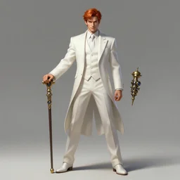 a highly detailed illustration of short ginger haired man wearing white suit, dramatic holding ornate mechanical cane pose, intricate, elegant, highly detailed, centered, digital painting, artstation, concept art, smooth, sharp focus, league of legends concept art, WLOP