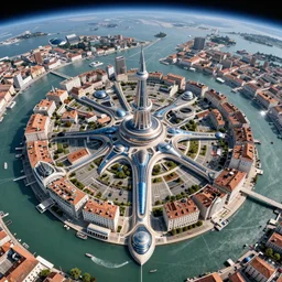 google earth photo of futuristic technologic advanced venice city. photorealistic, trending on artstation, volumetric lighting, 4 k, award winning