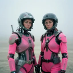 cinestill hasselblad 8 5 mm, f 1. 2, narrow, extreme motion blur, candid photographic portrait by helen levitt of 2 cyborgs wearing helmets and rugged neon pink mesh techwear in treacherous fog, burning man nevada, modern cyberpunk moody depressing cinematic, pouring rain, ultra realistic faces, ex machina