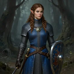 knight female chainmail blue surcoat tabard in the grim forest, elf long weaving brown hair, round medallion, leather gloves, blue surcoat, wide belt scabbard, shield, dnd fantasy, intricate, digital painting, artstation, concept art, matte, sharp focus, illustration, hearthstone, art by loes romero, artgerm, mucha