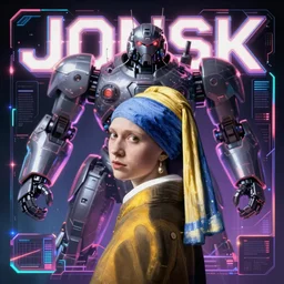 Vermeer photographed photorealistic vfx movie cyberpunk aesthetic the band JONSK album holographic cover art of a giant mech warrior. 3D octane, trending on artstation.