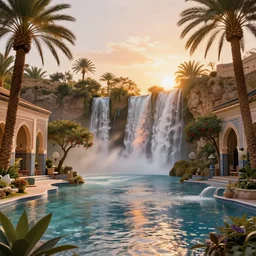 beautiful oasis waterfalls surrounded by palm trees, moroccan tile archways, date trees, ivory towers, sun setting, ross tran, nephilim, pyroclastic flow, ethereal, fantasy, james jean, oozium, peter morbacher angelarium alchemy luxury heavenly light soft illumination, trending on artstation, cinematic lighting, digital painting, octane render, artgerm