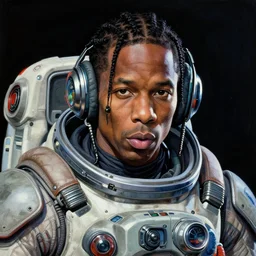 a beautiful ukiyo painting of travis scott as a spacepunk battle space pilot, wearing space techwear, detailed close up portrait, intricate complexity, concept art, by takato yamamoto, wlop, krenz cushart. cinematic dramatic atmosphere, sharp focus, digital full likeness art. center frame