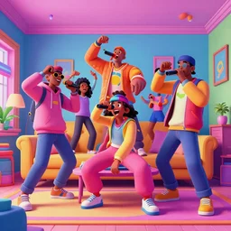 family rapping together in living room, epic pose, digital art, vaporwave, psychedelic, surreal, hip hop, trending on Artstation, professional artist, detailed, 4k