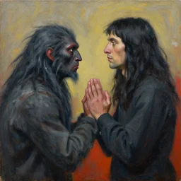 portrait of a man pleading with a wendigo, indigenous art, sydney mount, oil on canvas trending on artstation