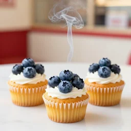 3 juicy blueberry cupcakes from a fast food restaurant smoking a cigarette, depth of field, food photography, isometric, tasty, mcdonalds, wide shot, studio, bokeh, gmaster, cooking, food, kodak, sony, canon