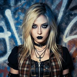 highly detailed closeup portrait of a sewer punk female thief, tartan vestments, blonde hair by atey ghailan, by greg rutkowski, by greg tocchini, by james gilleard, by joe fenton, by kaethe butcher, gradient, blue, black, brown and cream color scheme, grunge aesthetic!!! white graffiti tag wall background