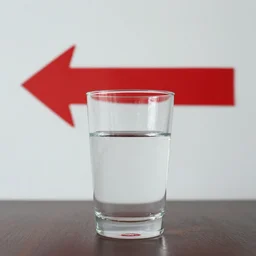 A glass full of water on a table. Behing the glass, a red arrow points to the left. We can see the arrow though the glass