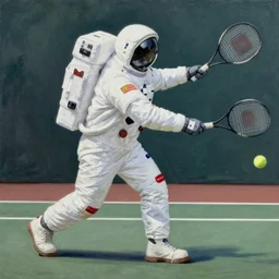 beautiful painting of an astronaut playing tennis by Dan Mumford, action shot, trending on Artstation