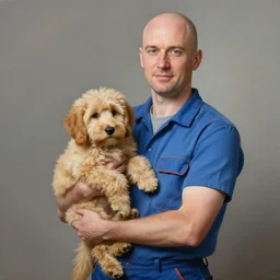 a bald white man, slim, plumber, normal rockwell painting, holding a golden doodle puppy
